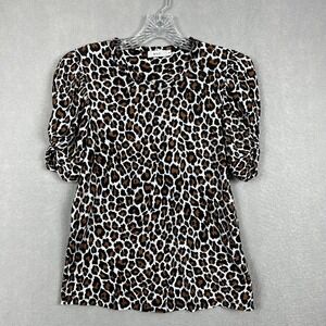A.L.C Shirt Top XS Leopard Print Puff Sleeve Crewneck Tee Cotton Pullover